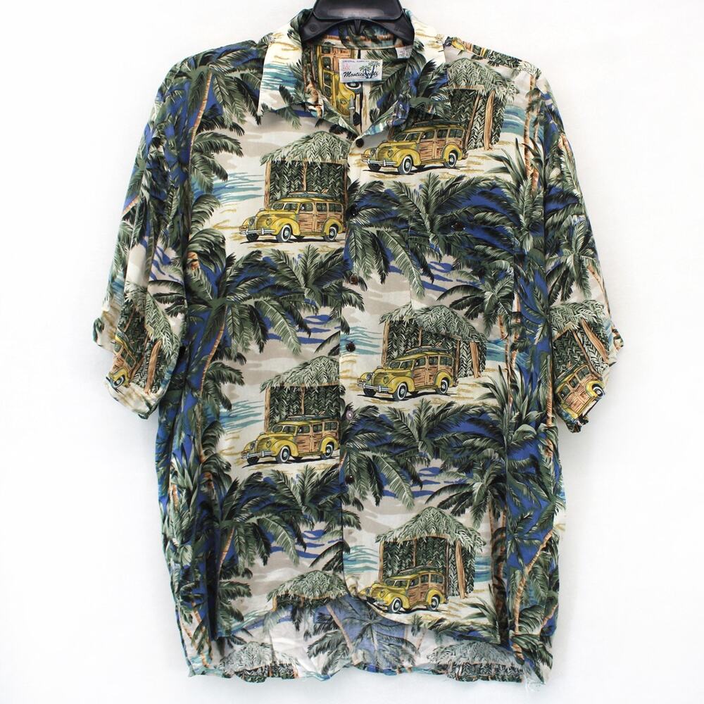 Vintage Monticerutti Original Hawaiian Shirt Tropical Car Short Sleeve Flower XL